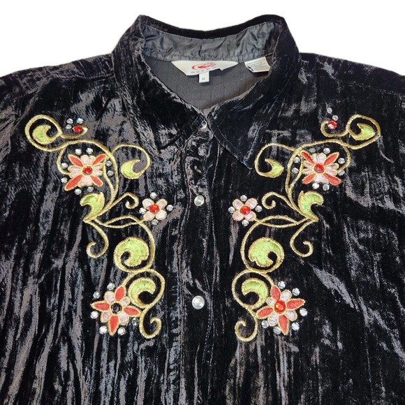 Roper Fancy Western Shirt XL Black Velvet Embroidered Rhinestone Pearl Snap - Picture 3 of 10